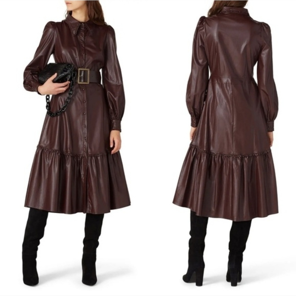 NICHOLAS Faux Leather Larisa Dress Chocolate Brown Long Sleeve Dress Sz 6.